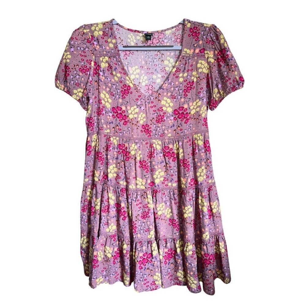 Wild Fable Floral Tiered Mini Dress Purple V-Neck Puff Sleeve Womens Size XS